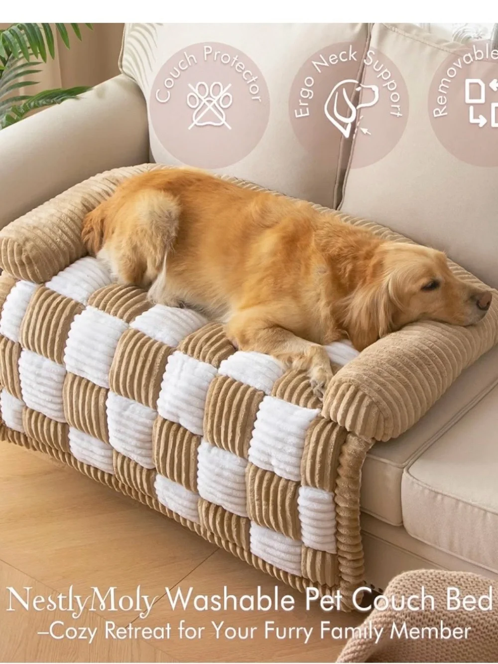 Plush Corduroy Check Pet Sofa Throw in Beige and White